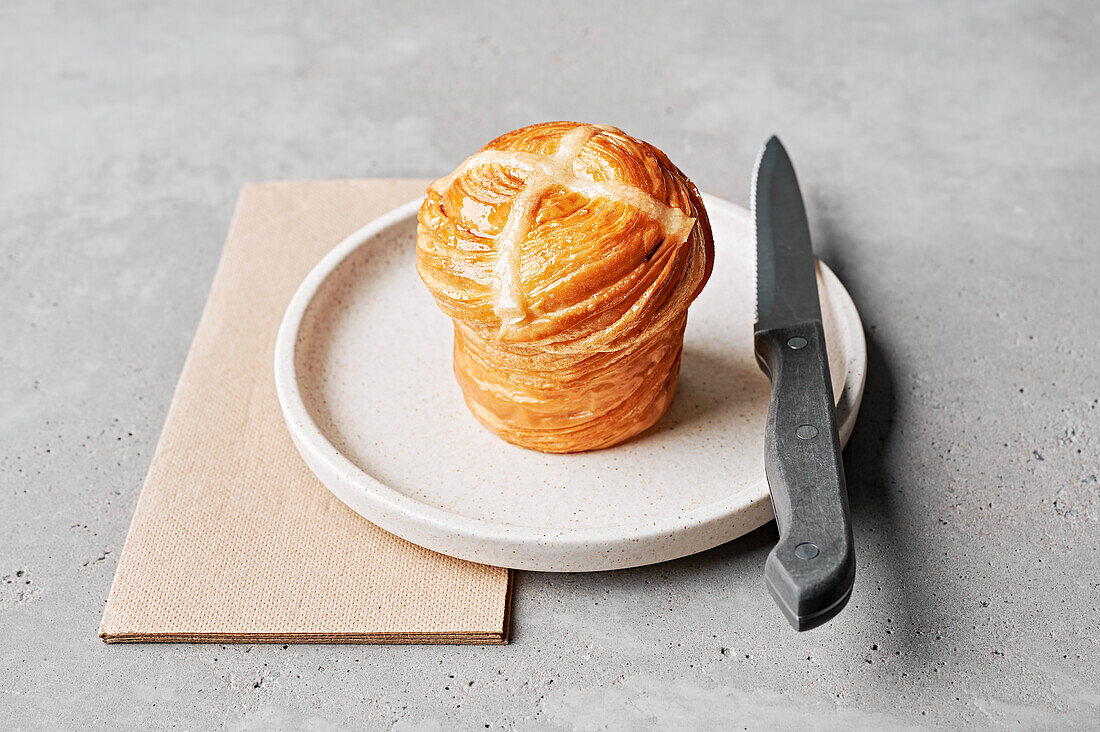 Hot cross cruffin: croissant dough with hot cross bun flavours in a muffin tin, topped with a classic cross