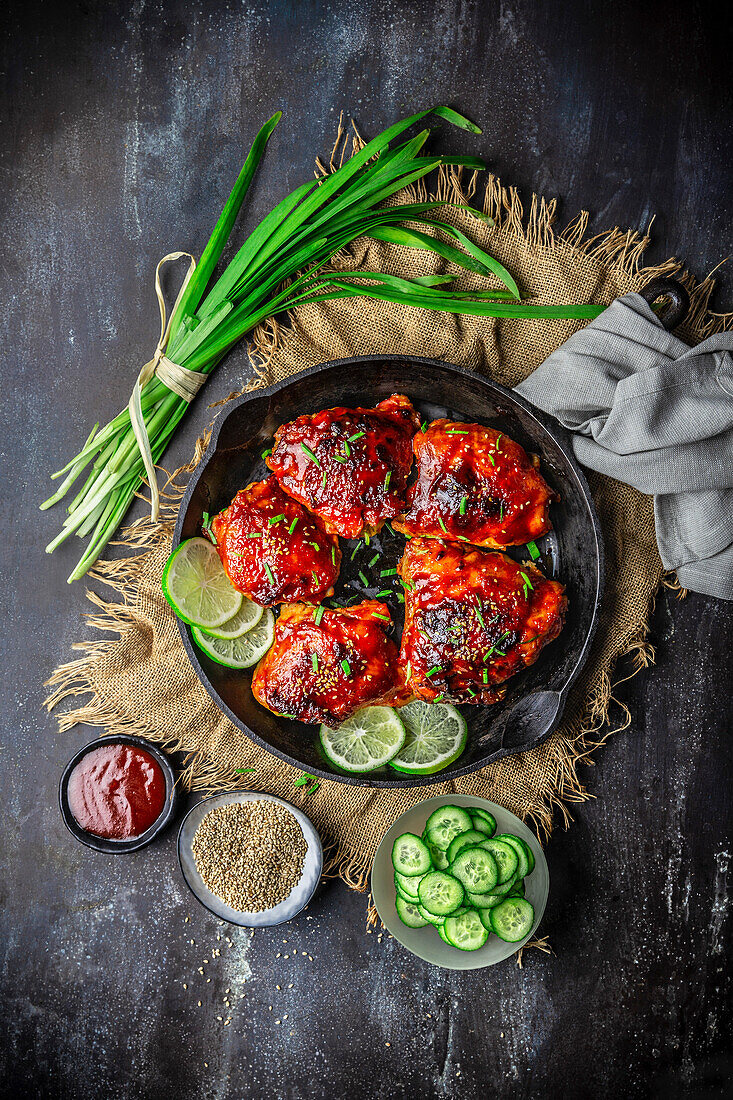 Old cast-iron pan with savoury glazed chicken thighs with sauce, cucumber slices and chives on top