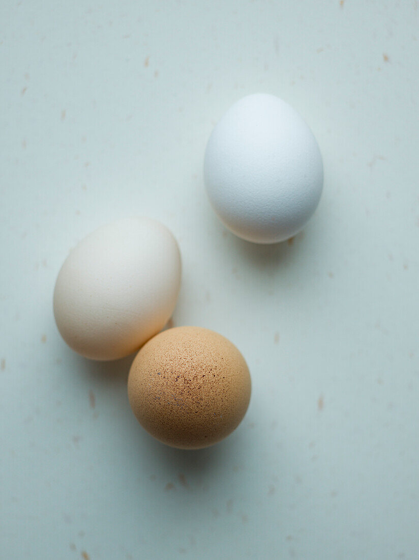 Drei Hühnereier auf weißem Grund