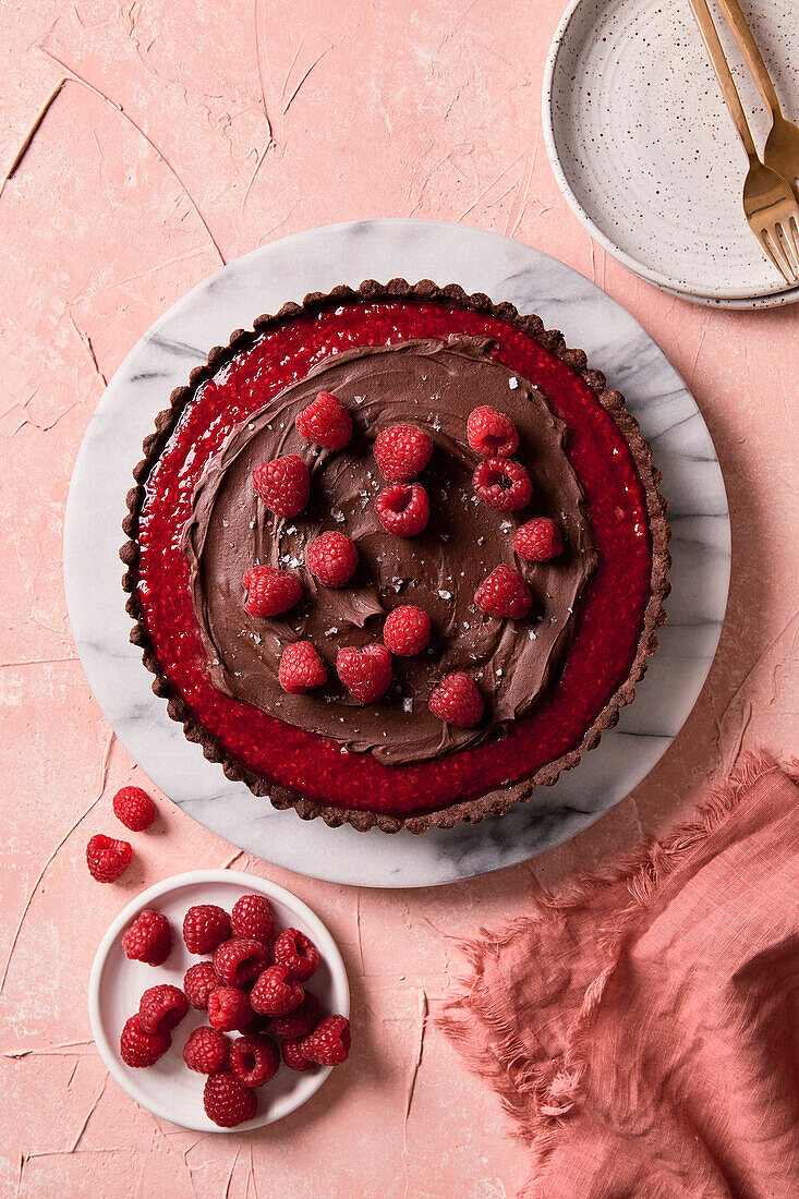 Chocolate and raspberry cake on a pink background