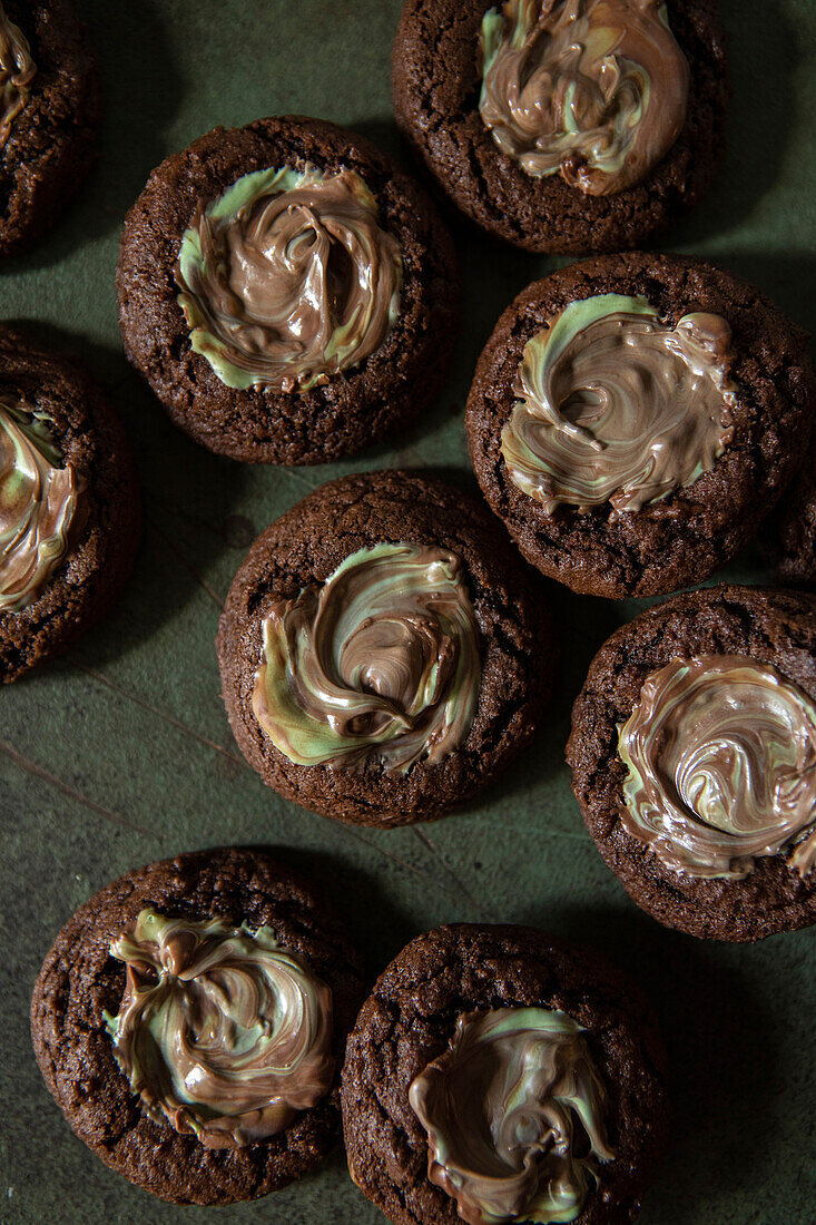 Mint chocolate biscuits on a green background