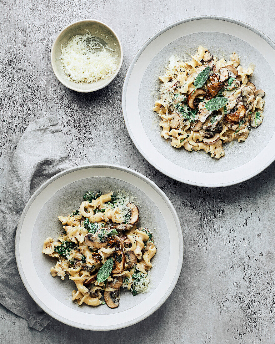 Two bowls of creamy mushroom pasta on grey background