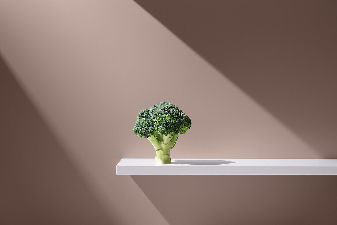 Fresh broccoli with green leaves on a white table on a brown background in the studio under a bright beam of light
