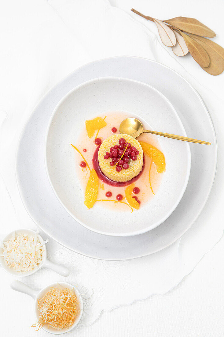 Mandarin gazpacho dessert served in a white bowl