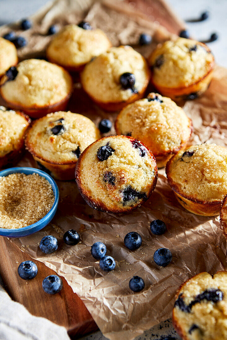 Blueberry muffins on parchment paper