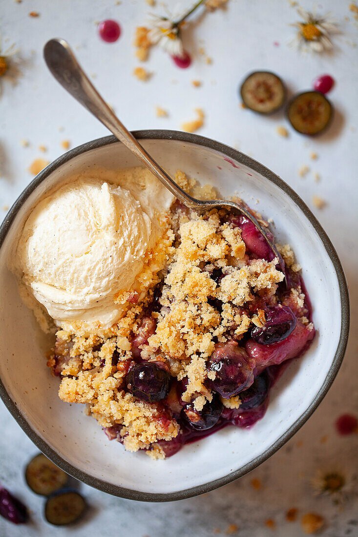 Close-up view of apple and blueberry fruit crumble in a bowl with vanilla ice cream alongside.