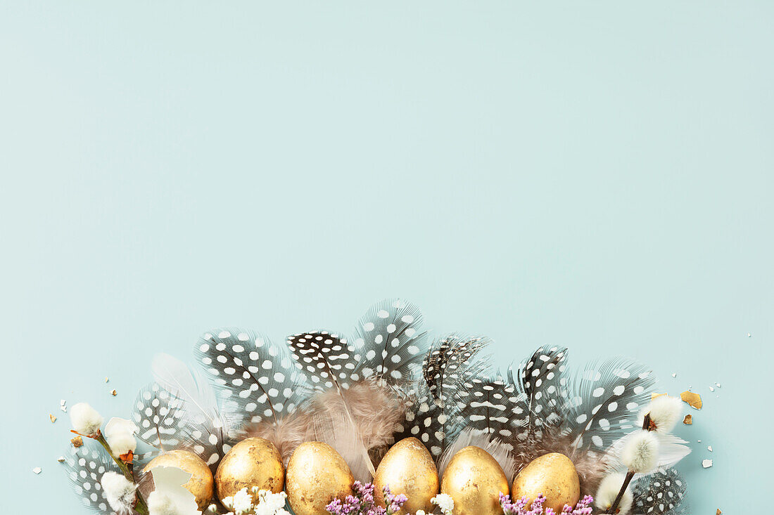 Raw of golden quail eggs and quail feathers on blue background. Beautiful modern minimalistic Easter composition. Copy space, top view, flat lay