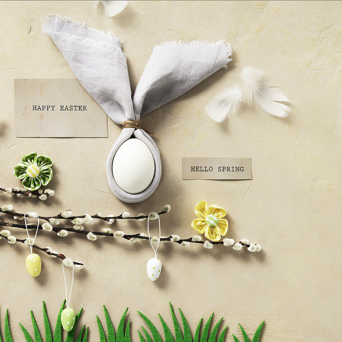 Easter Bunny Ears, eggs and spring willow branches top view flat lay. Minimal styled Easter card concept