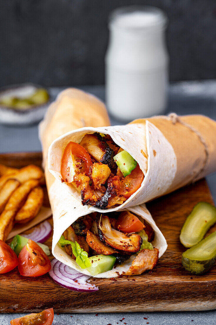 Chicken kebab wraps on a wooden board with chips, pickles, tomatoes on the side and a glass of ayran yoghurt drink behind it