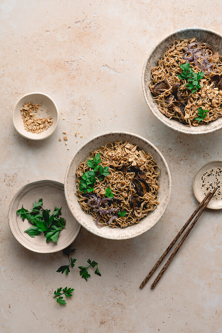 Mushroom noodles with teriyaki sauce, onions and peanuts against a light-coloured stone background