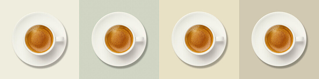 Coffee pattern. Cup of coffee on a colourful background. Minimal concept banner