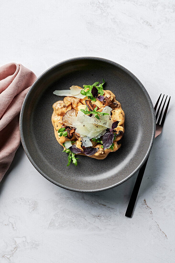 Handmade potato gnocchi, Swiss brown and shiitake mushrooms, porcini cream, shaved pecorino, rocket leaves, purple basil