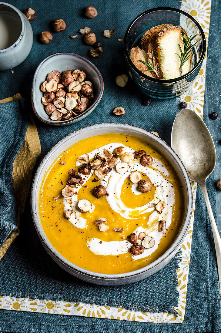 Pumpkin soup with roasted hazelnuts