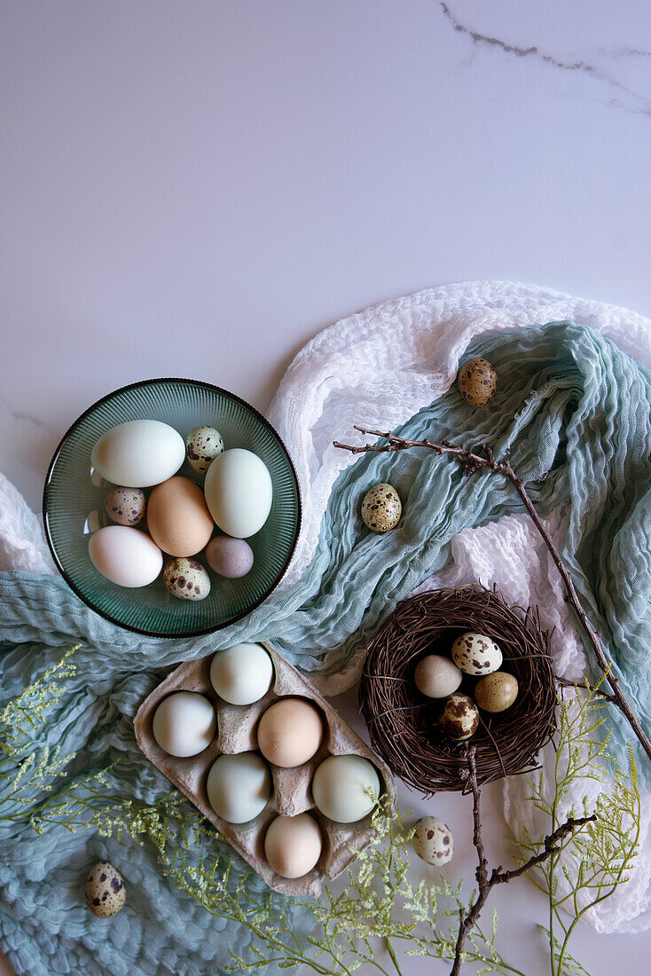 Eier von Araucana-Hühnern aus Freilandhaltung, einschließlich blauer und grüner Farben, mit japanischen Jumbo-Wachteleiern Flatlay. Negativer Kopierraum