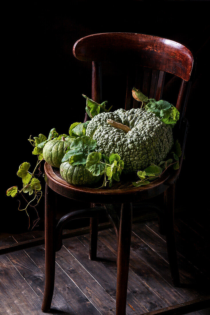 Autumn composition with green pumpkins and grapes. Thanksgiving or Halloween concept