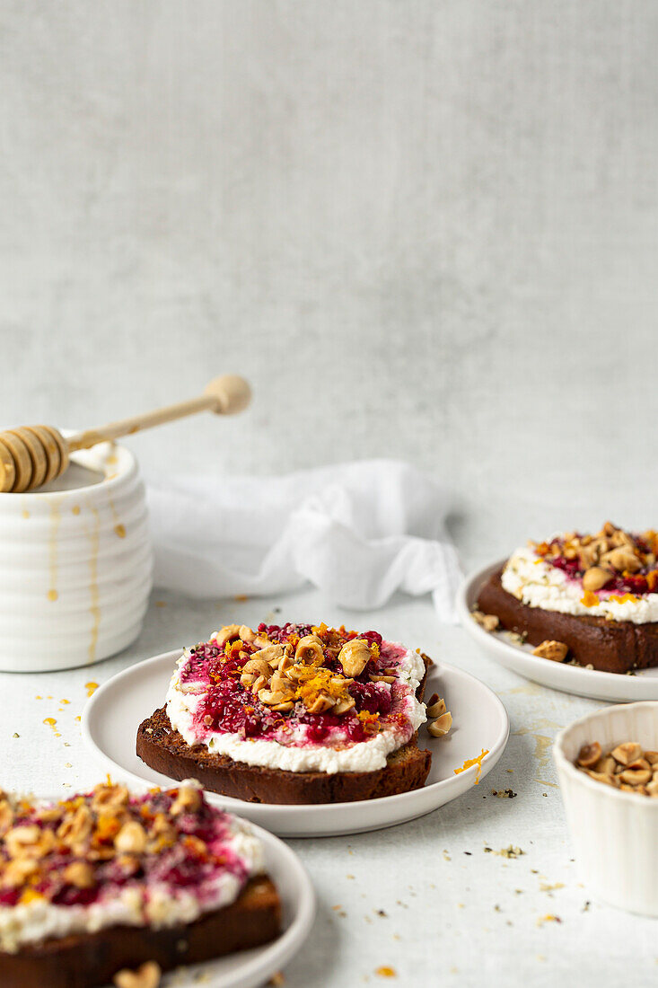 Banana bread ricotta toast drizzled with honey