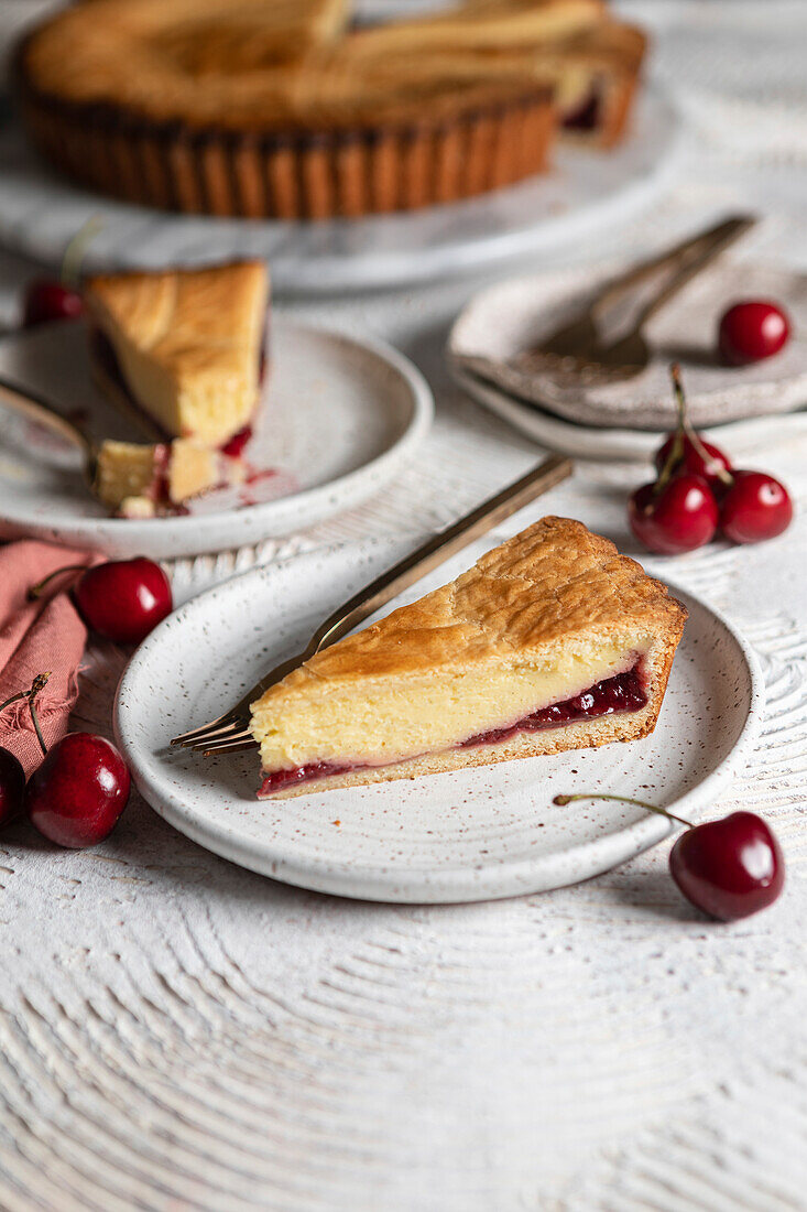 Gateau Basque with Vanilla Custard and Cherry Compote