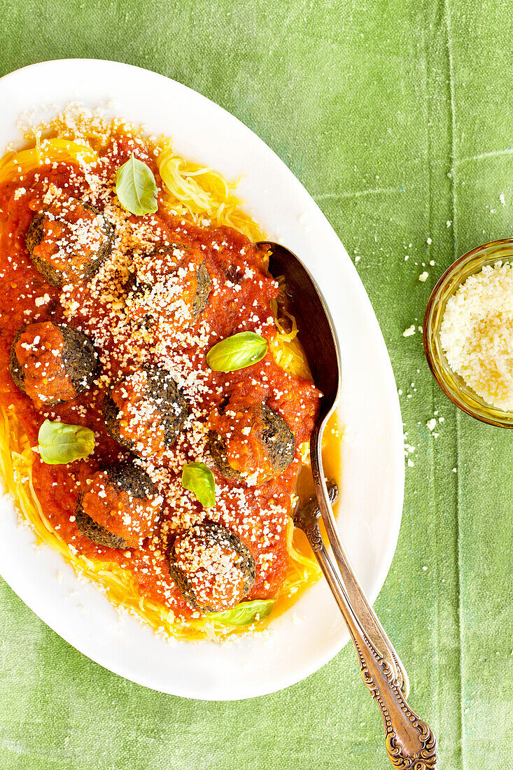 Spaghetti squash with homemade marinara and lentil meatballs