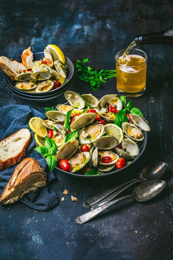 Bowl of steamed clams with basil, tomatoes and lemons, served with bread and beer poured into a glass