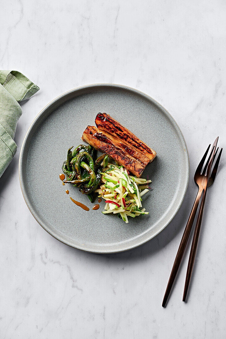 Chinese-style pork belly, sticky apple glaze, burnt snake beans, kohlrabi and green apple remoulade