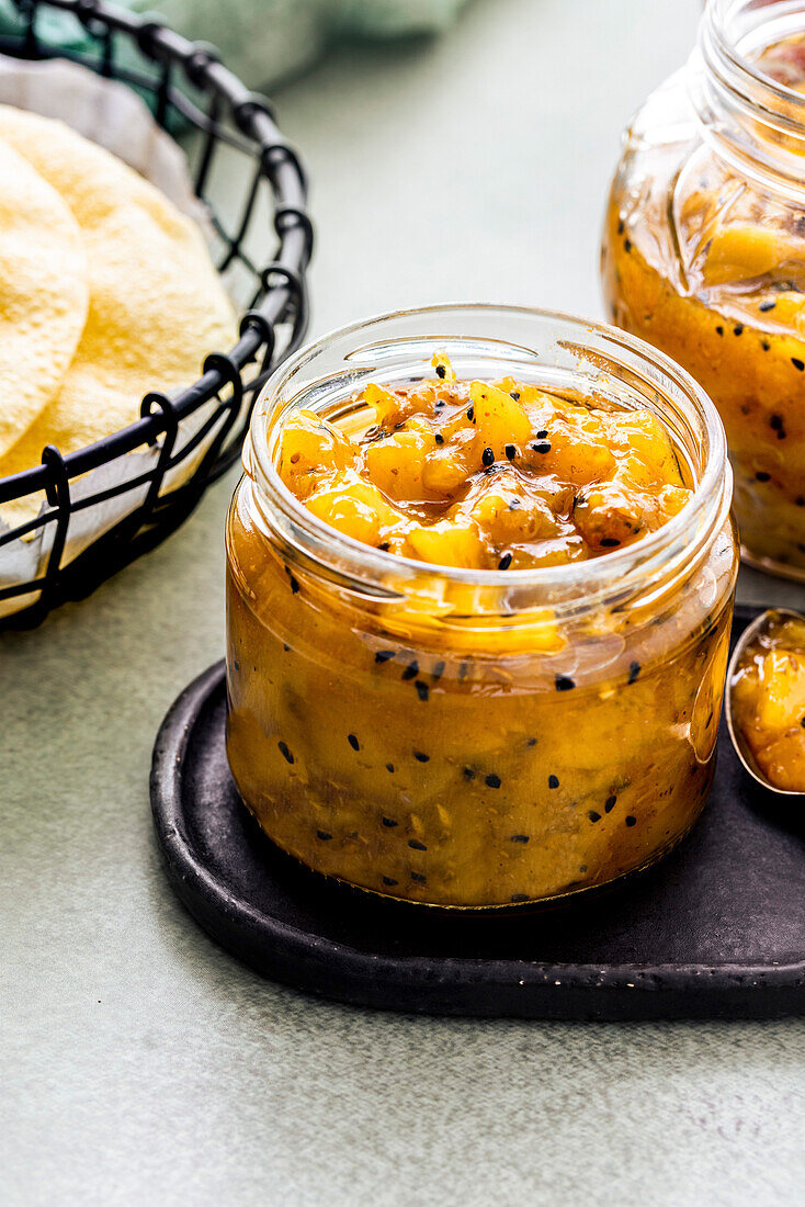 Indian mango chutney in a jar