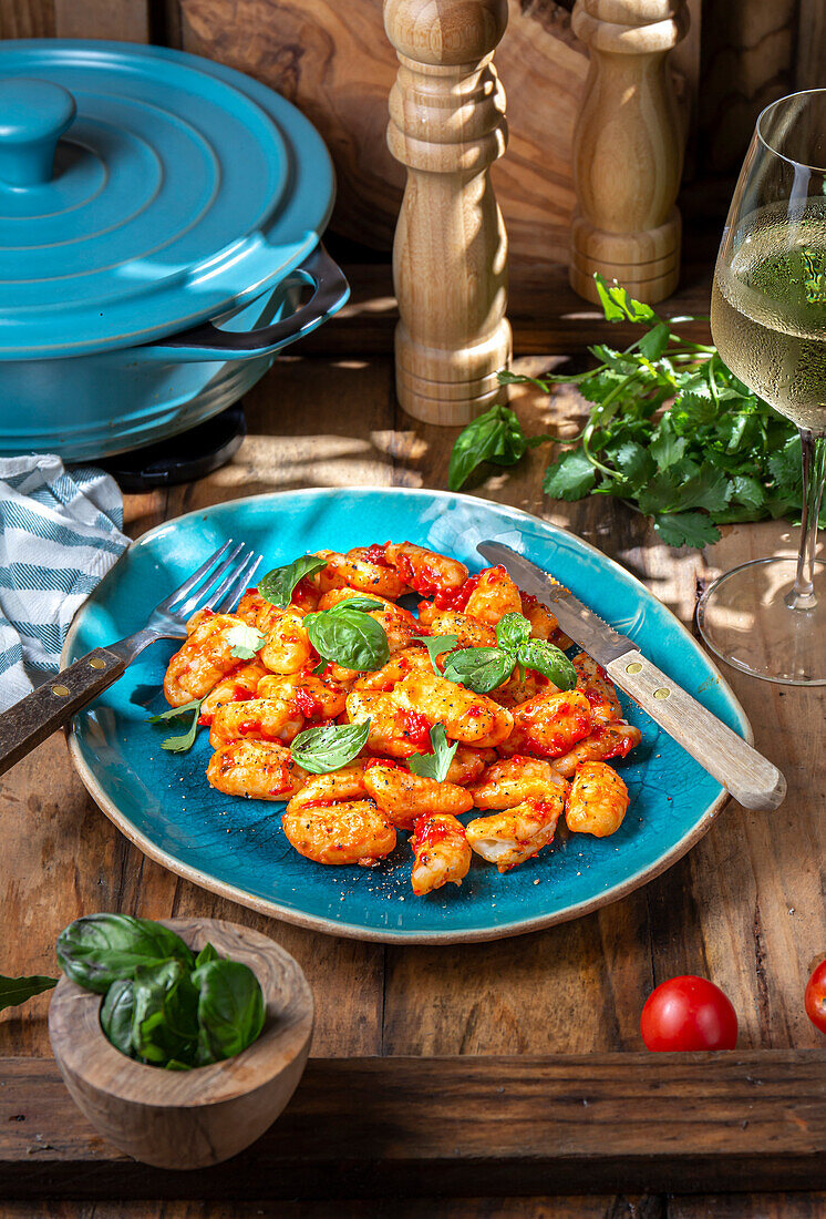 Traditional Italian potato gnocchi with tomato sauce and fresh basil on a blue plate on a wooden background