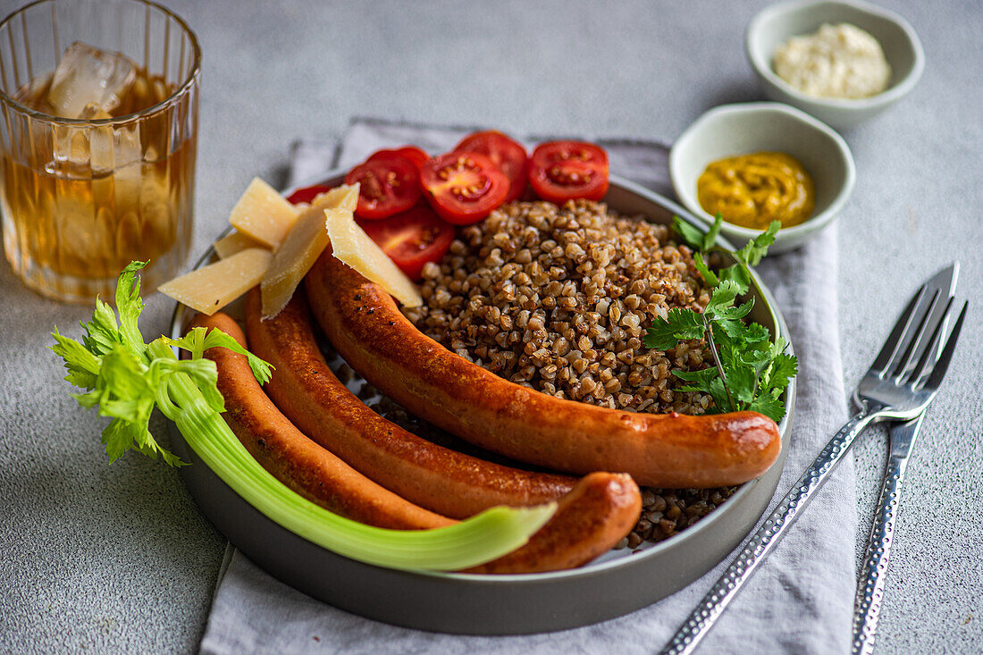 Healthy lunch bowl with buckwheat and sausages, served on the table