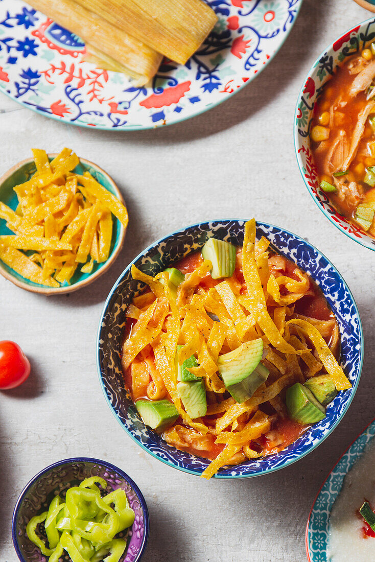 Aztec soup. Close-up of the Mexican tortilla soup Sopa Azteca