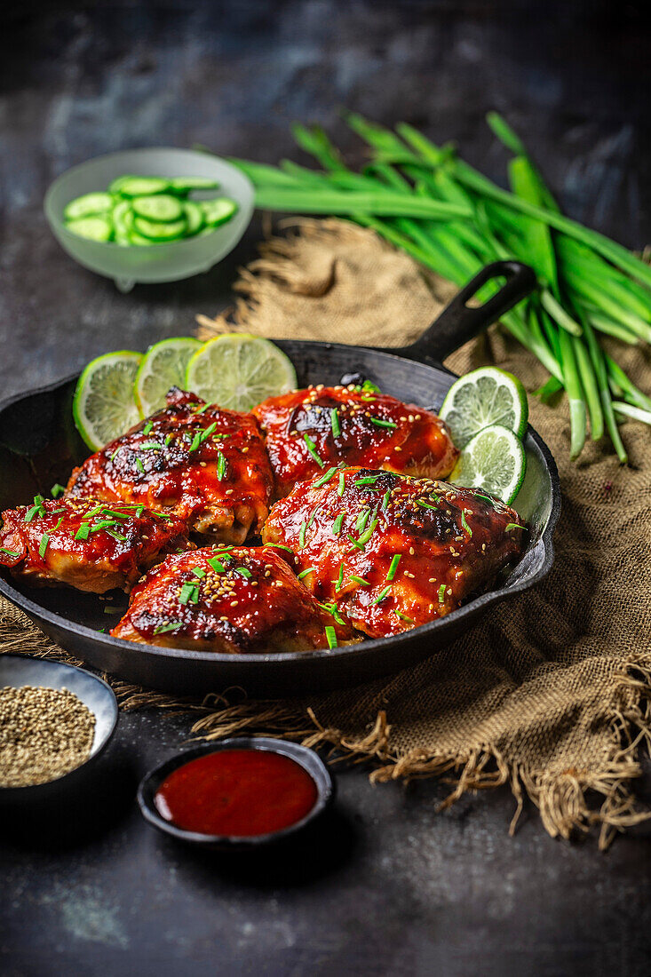 Old cast-iron pan with spicy glazed chicken thighs with sauce, cucumber slices and chives