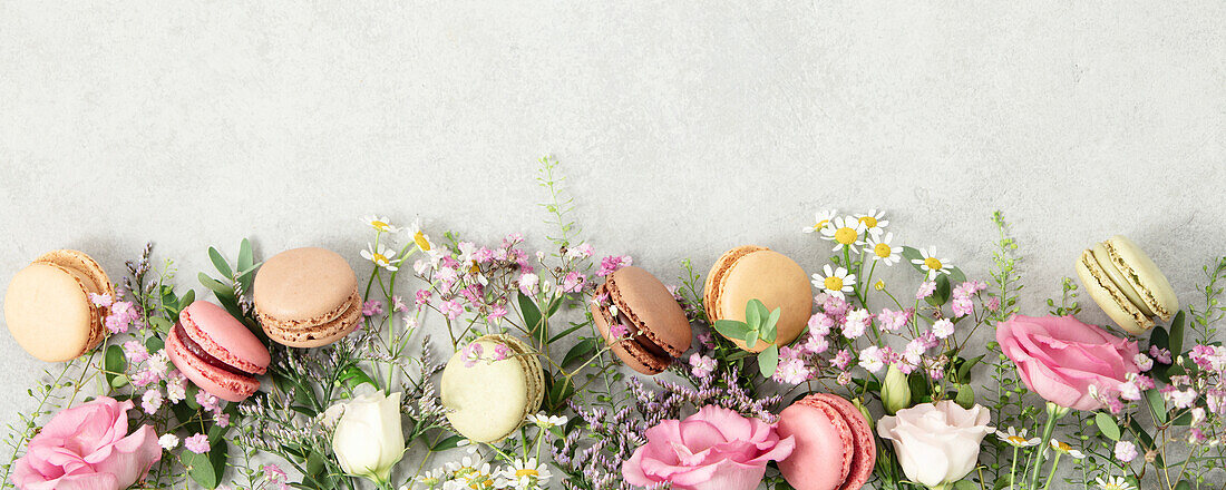 Frühlingsblumen und verschiedene Arten von Makronen Hintergrundansicht von oben, Bannergröße, flat lay