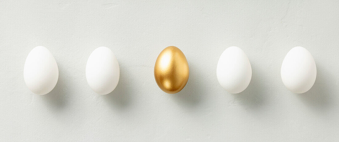 White hen's eggs with a golden egg, laid flat, top view, banner standing out from the crowd