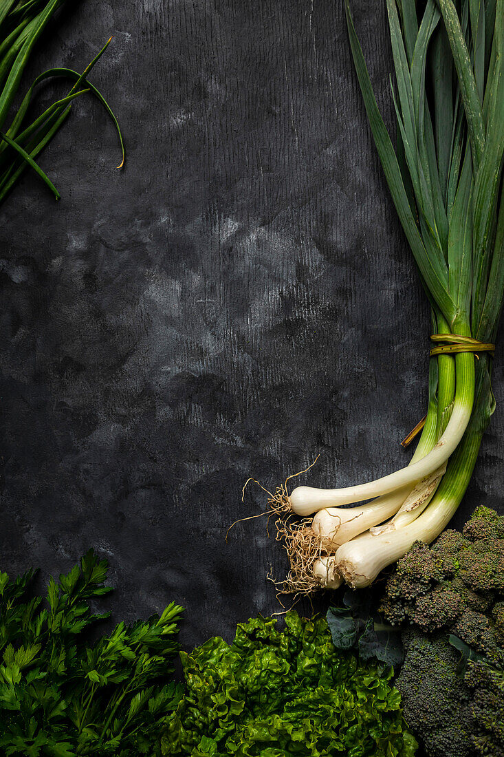 Assorted green vegetables over black background, copy space