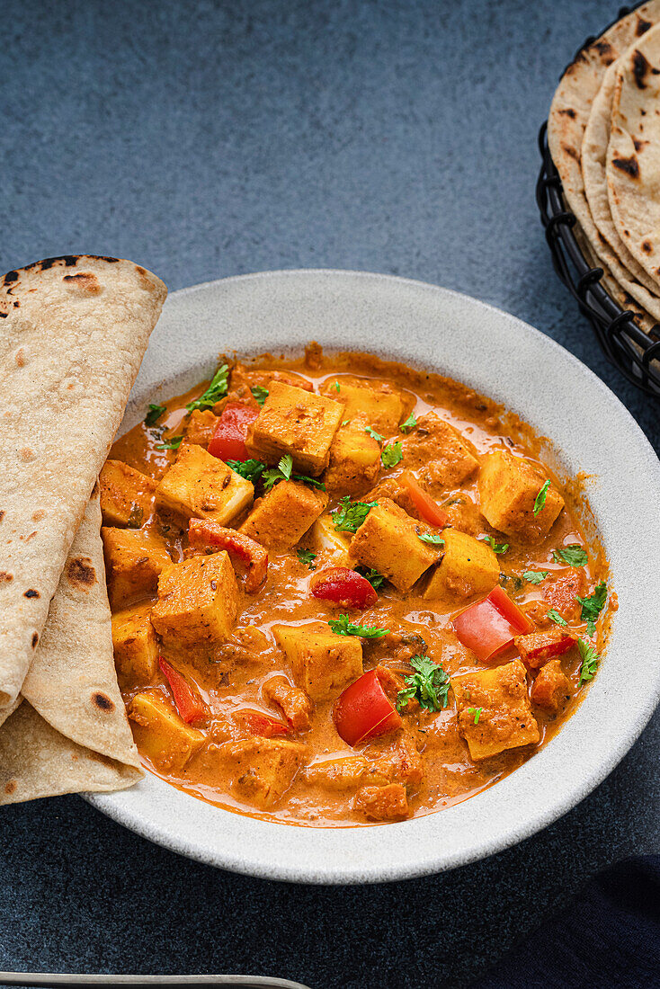 Paneer curry served with roti