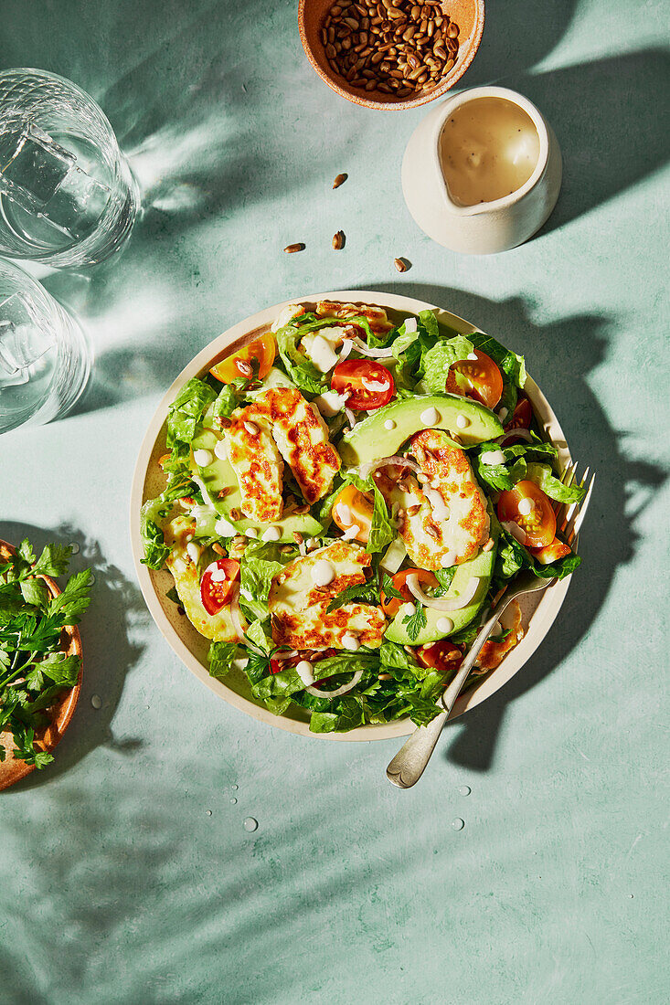 Halloumi and avocado tomato salad with sunflower seeds, yoghurt dressing, herbs and water on a green background with shade