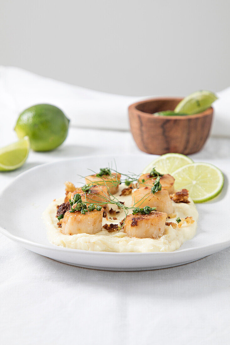 Scallops with celery puree, chives and hazelnut crumble