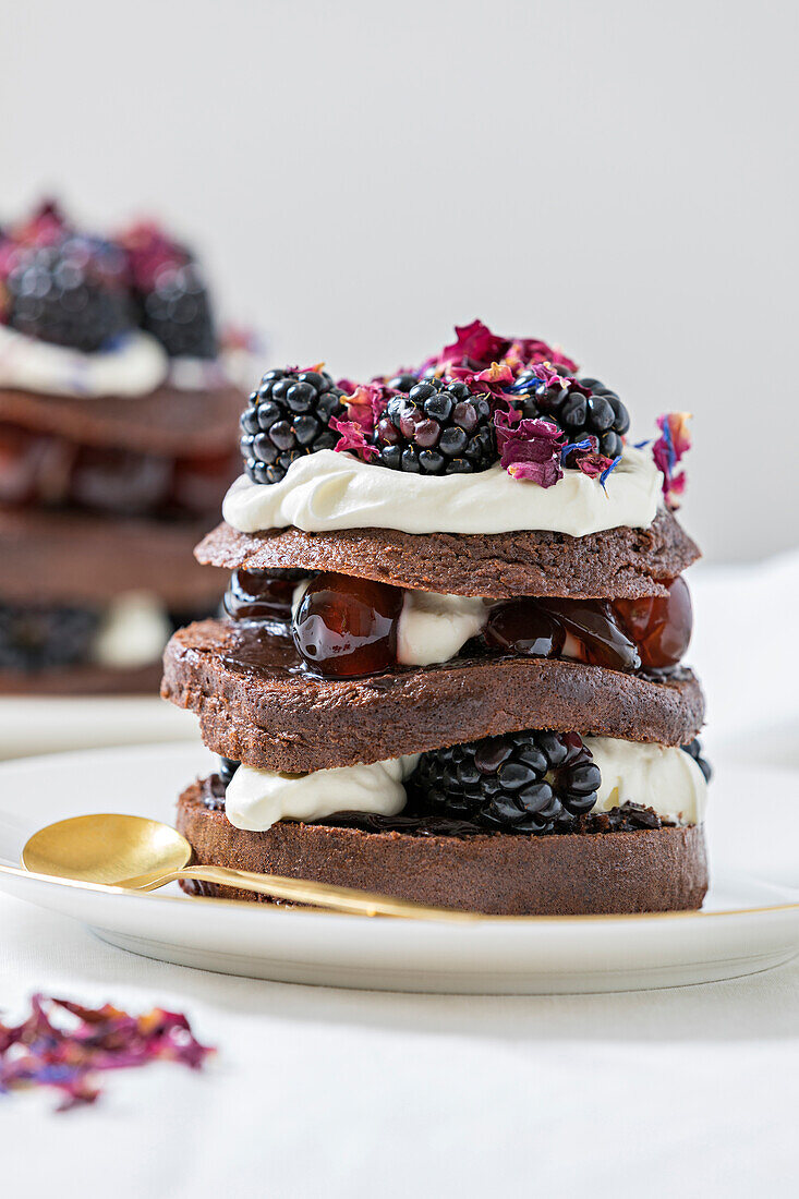 Black Forest gateau with layers of chocolate cake, cherries and whipped cream