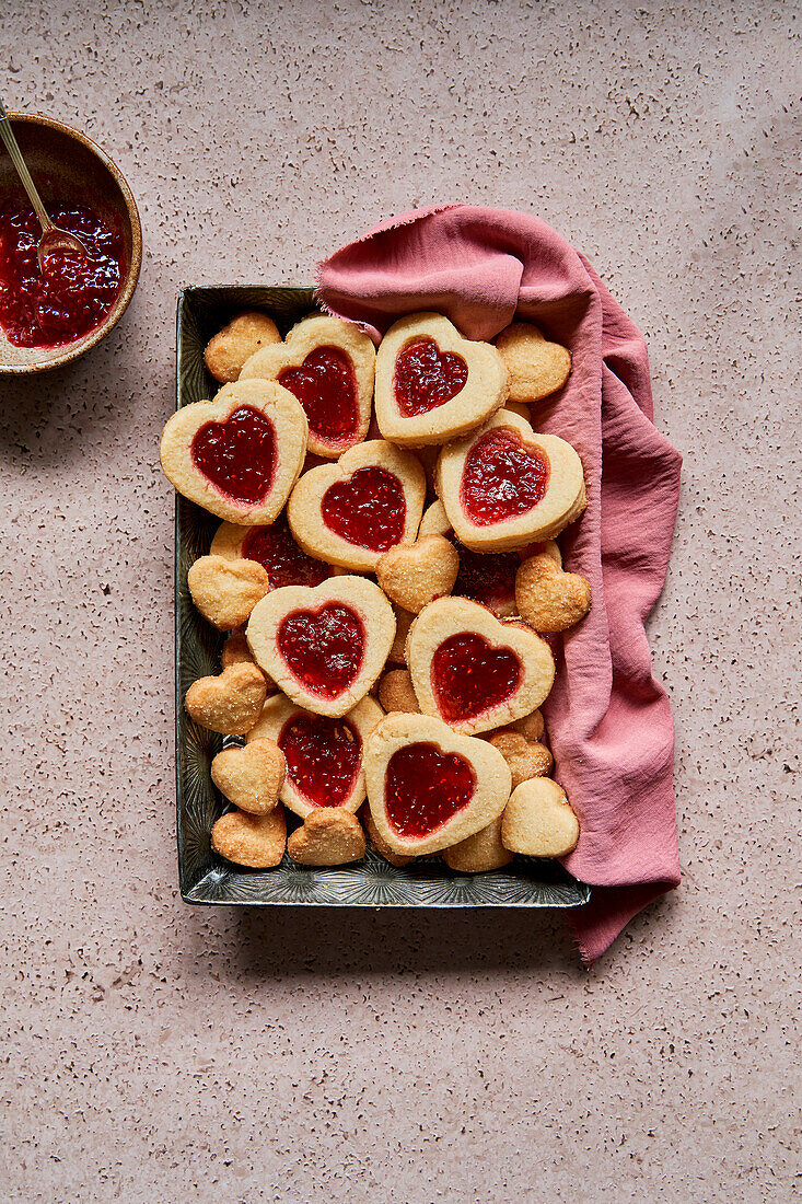 Valentine's jam shortbread on a baking tray