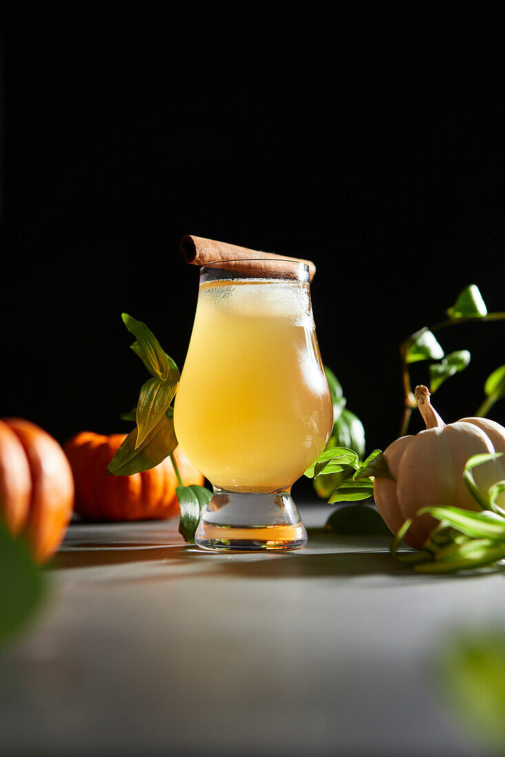Fresh cider with pumpkins against a dark background