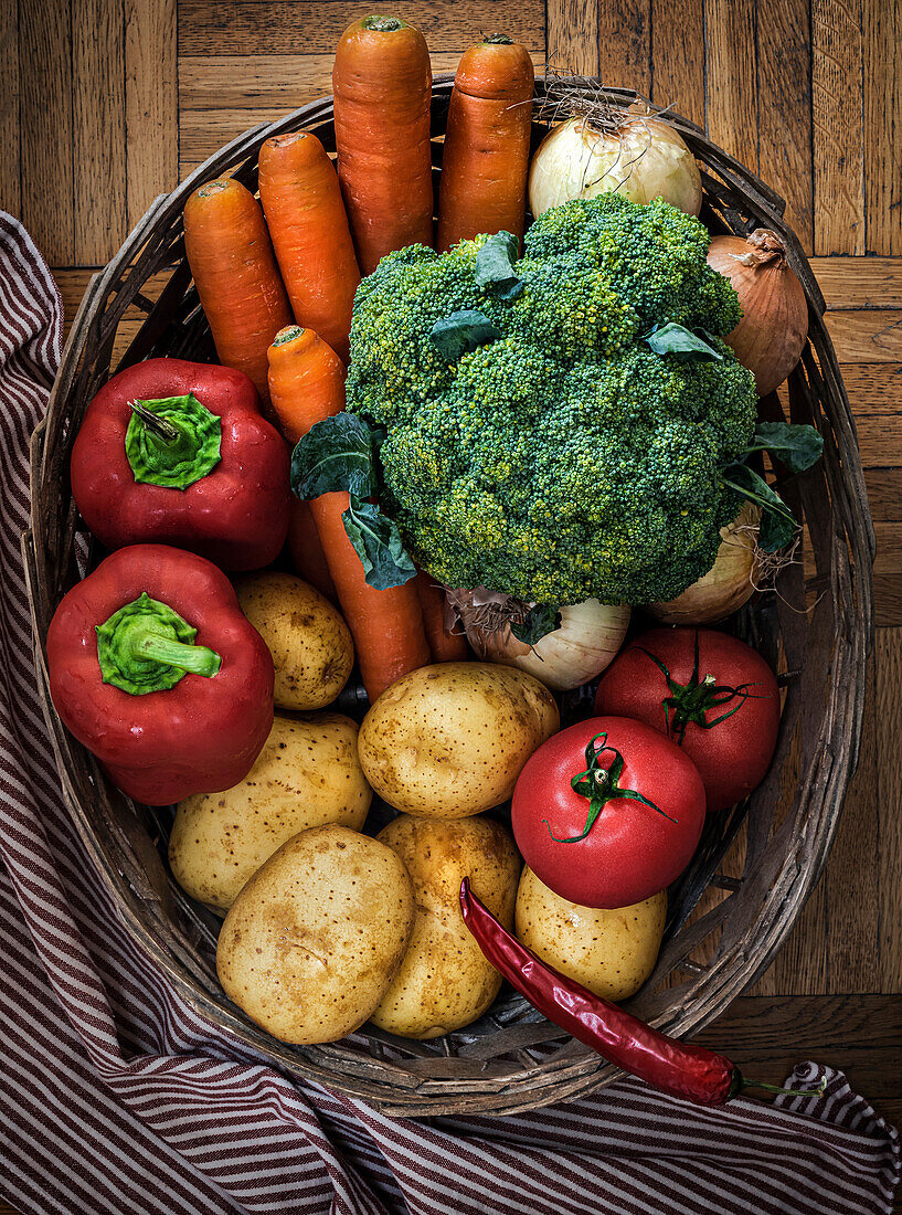Vegetables in a basket. Top view