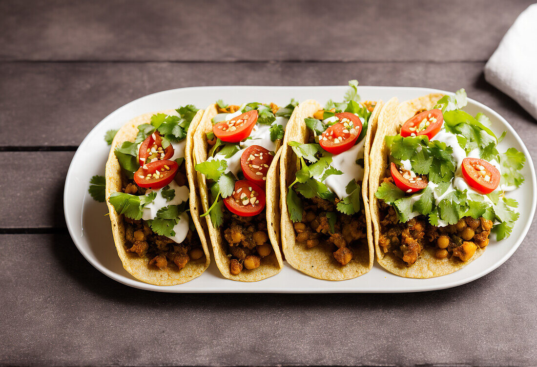 Hohe Winkel der serviert appetitlich mexikanischen Tacos mit scharfen Chilischoten und Koriander auf dem Teller auf grauem Hintergrund. Generative AI