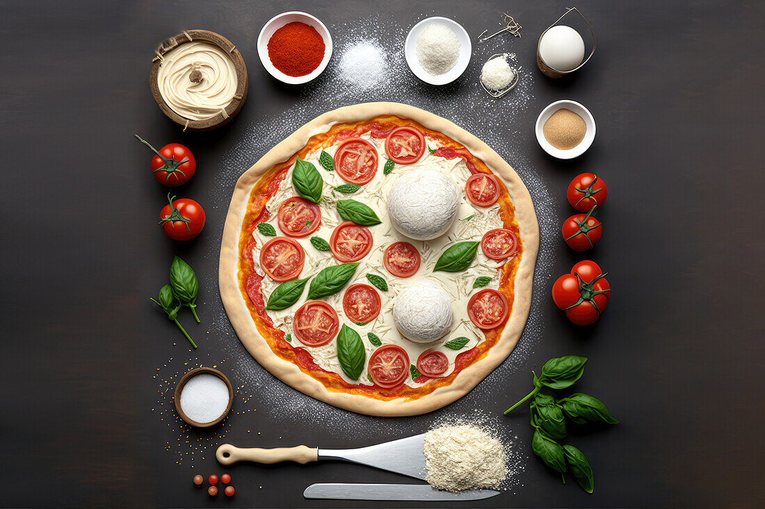 Generative AI-Illustration Draufsicht flache Lage von appetitlich hausgemachte italienische Margarita-Pizza mit Basilikum Blätter Tomaten und Gewürzen auf schwarzem Hintergrund ausgelegt