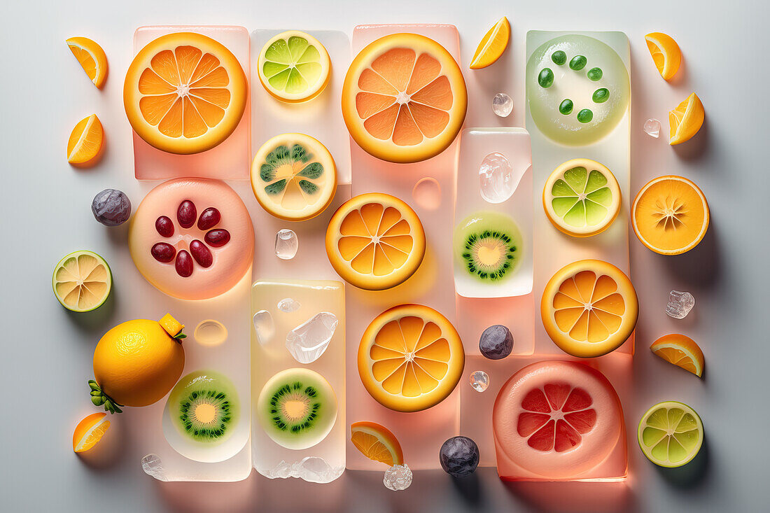 Background of beautiful fruit slices on frozen surface with ice shapes. Generative AI