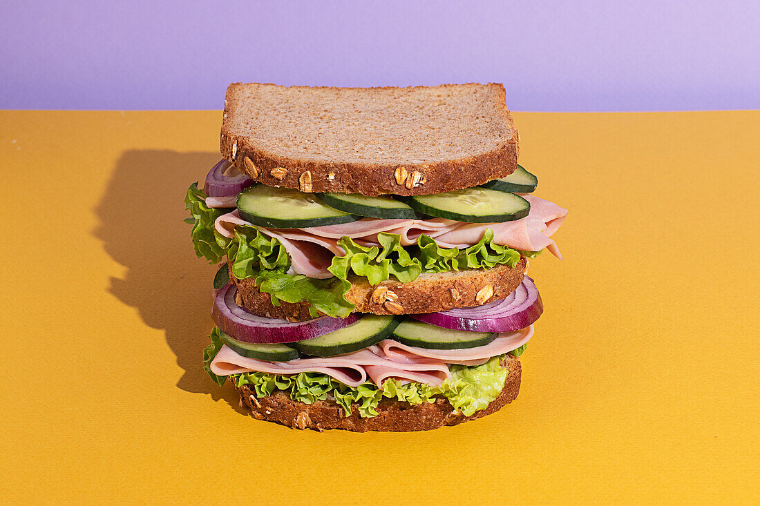 Delicious sandwich with tomatoes, cheese slices and fresh vegetables on colorful background