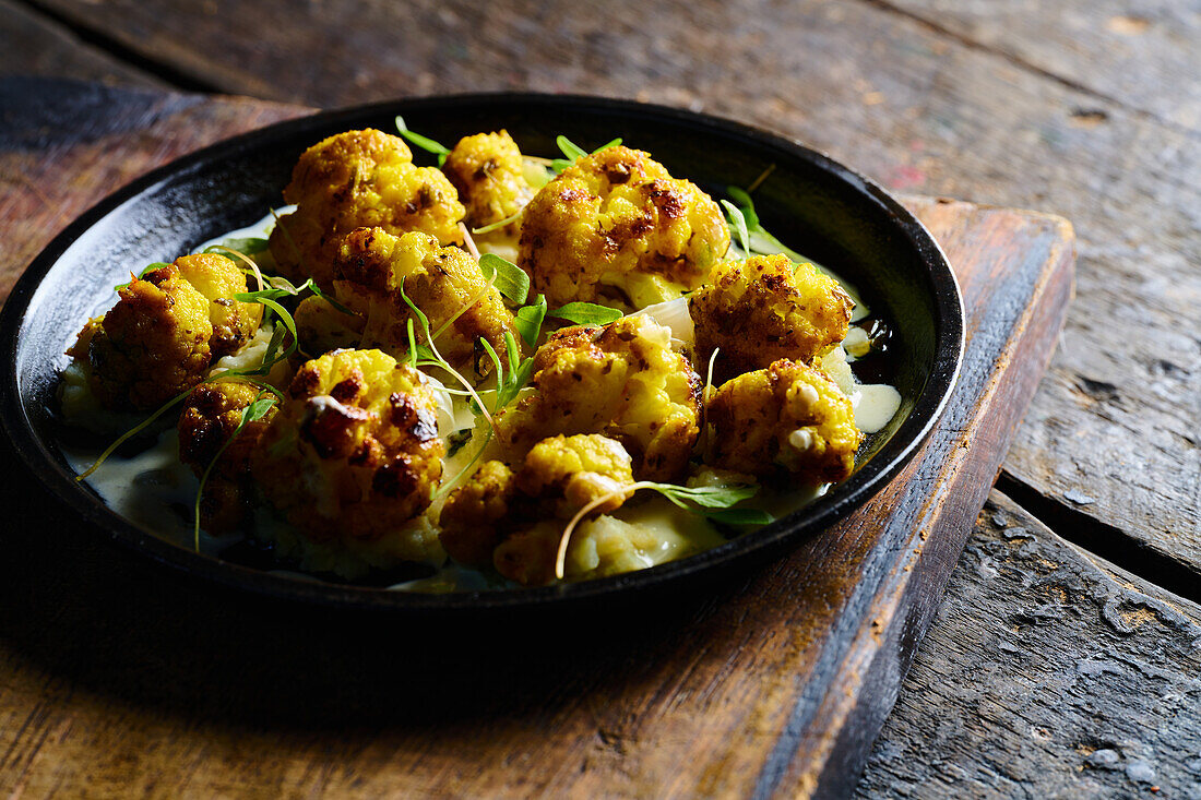 High angle of appetizing roasted cauliflower with green herbs served on black plate placed on wooden board