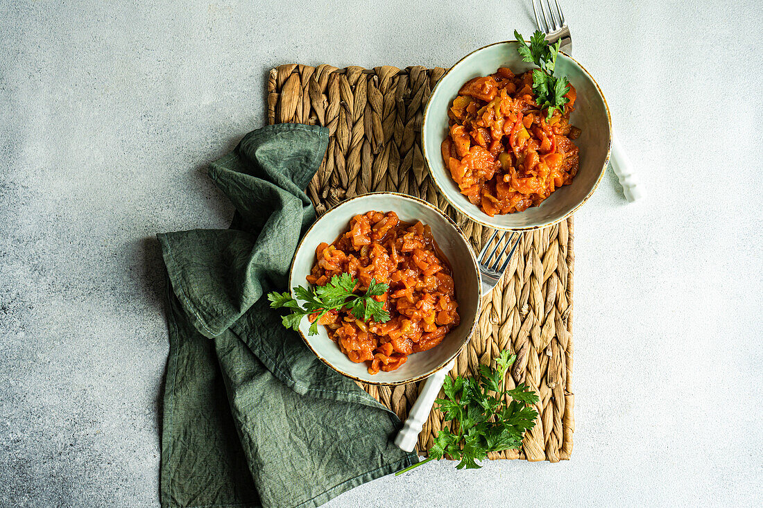 Draufsicht auf einen Gemüseeintopf aus Kartoffeln, Karotten, Paprika und Tomaten, serviert mit Petersilienblättern in einer Schüssel auf einem Betontisch