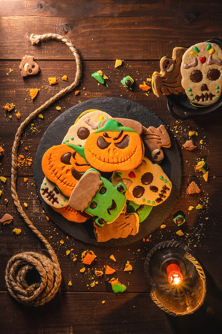 Top view of tasty Halloween cookies on plate placed on wooden table near rope
