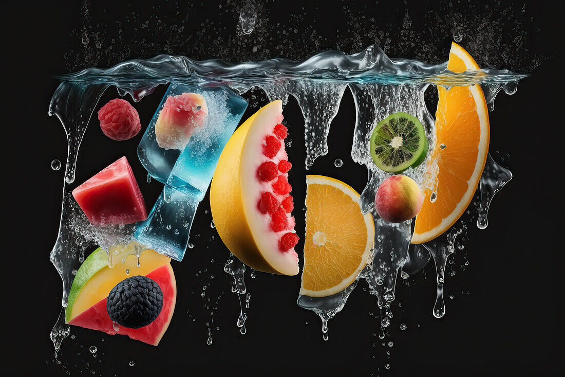 Hintergrund von schönen Fruchtscheiben auf gefrorener Oberfläche mit Wasser und schwarzem Hintergrund. Generative AI