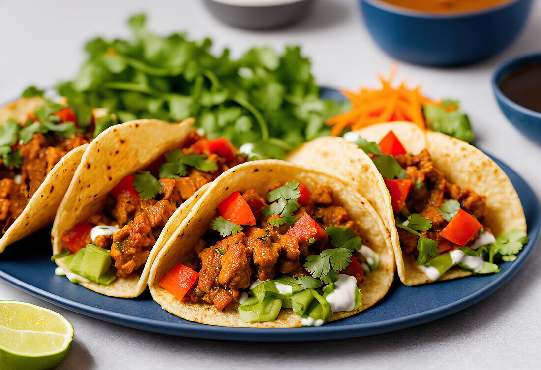 Appetitliche mexikanische Tacos mit scharfen Chilischoten und Koriander auf einem Teller. Generative KI