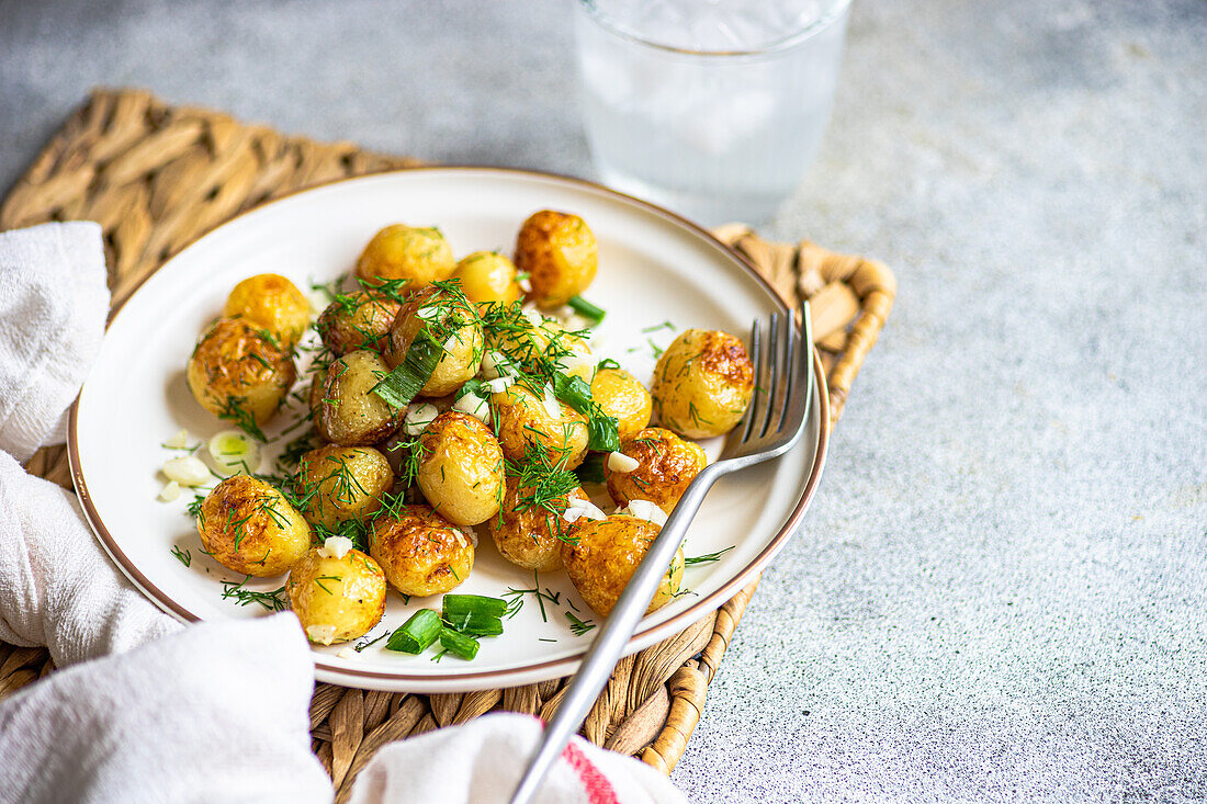 Roasted spring potato vegetables with herbs served in a bowl for lunch