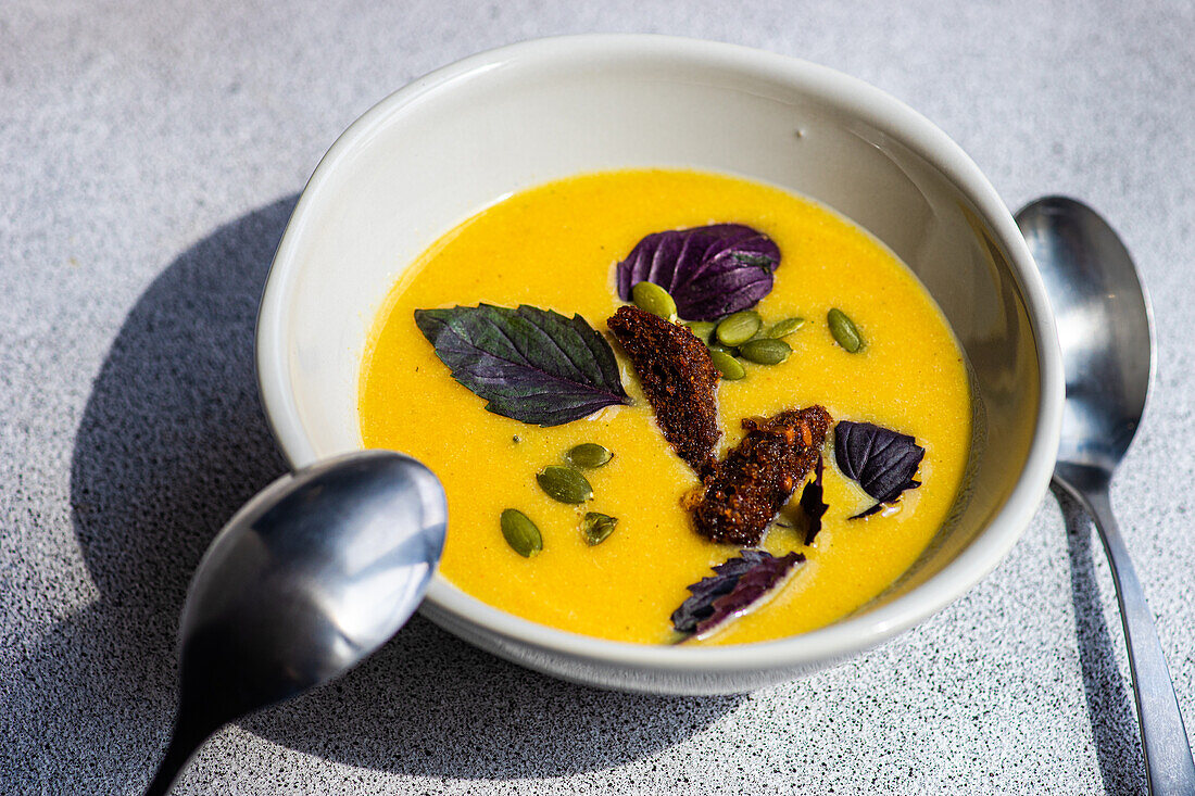 Ceramic bowl with pumpkin cream soup with basil herb, rye bread and seeds on blurred background from above